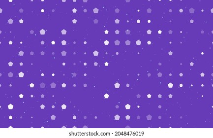 Seamless background pattern of evenly spaced white pentagon symbols of different sizes and opacity. Vector illustration on deep purple background with stars