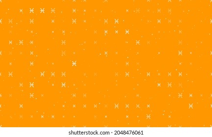 Seamless background pattern of evenly spaced white zodiac pisces symbols of different sizes and opacity. Vector illustration on orange background with stars