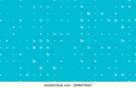 Seamless background pattern of evenly spaced white zodiac capricorn symbols of different sizes and opacity. Vector illustration on cyan background with stars