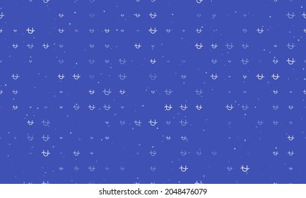 Seamless background pattern of evenly spaced white zodiac ophiuchus symbols of different sizes and opacity. Vector illustration on indigo background with stars