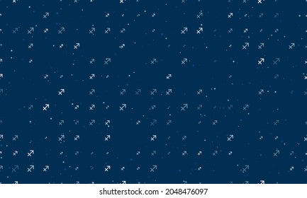 Seamless background pattern of evenly spaced white zodiac sagittarius symbols of different sizes and opacity. Vector illustration on dark blue background with stars