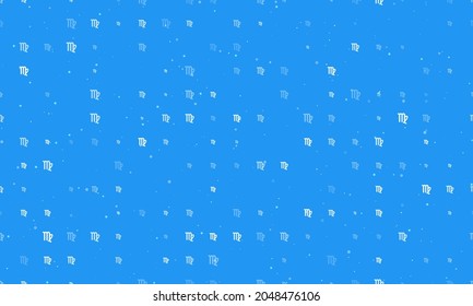 Seamless background pattern of evenly spaced white zodiac virgo symbols of different sizes and opacity. Vector illustration on blue background with stars