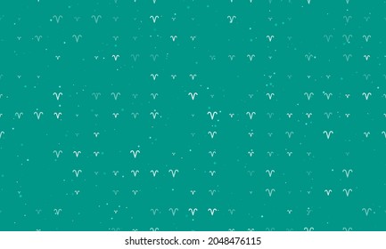 Seamless background pattern of evenly spaced white zodiac aries symbols of different sizes and opacity. Vector illustration on teal background with stars