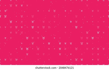 Seamless background pattern of evenly spaced white zodiac taurus symbols of different sizes and opacity. Vector illustration on pink background with stars