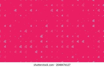 Seamless background pattern of evenly spaced white zodiac leo symbols of different sizes and opacity. Vector illustration on pink background with stars