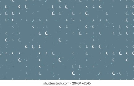 Seamless background pattern of evenly spaced white moon symbols of different sizes and opacity. Vector illustration on blue grey background with stars