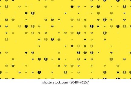 Seamless background pattern of evenly spaced black broken heart symbols of different sizes and opacity. Vector illustration on yellow background with stars