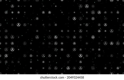 Seamless background pattern of evenly spaced white ecology symbols of different sizes and opacity. Vector illustration on black background with stars
