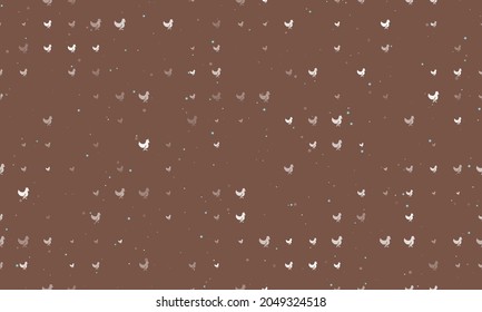 Seamless background pattern of evenly spaced white chicken symbols of different sizes and opacity. Vector illustration on brown background with stars