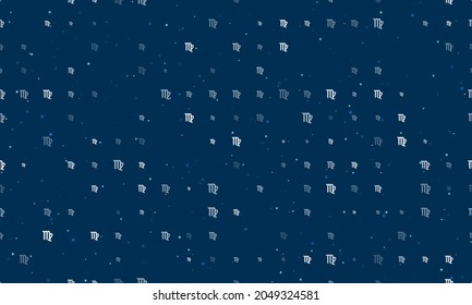 Seamless background pattern of evenly spaced white zodiac virgo symbols of different sizes and opacity. Vector illustration on dark blue background with stars
