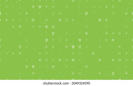 Seamless background pattern of evenly spaced white zodiac taurus symbols of different sizes and opacity. Vector illustration on light green background with stars
