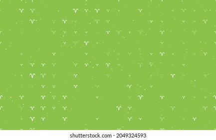 Seamless background pattern of evenly spaced white zodiac aries symbols of different sizes and opacity. Vector illustration on light green background with stars