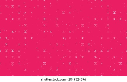 Seamless background pattern of evenly spaced white zodiac gemini symbols of different sizes and opacity. Vector illustration on pink background with stars