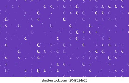 Seamless background pattern of evenly spaced white moon symbols of different sizes and opacity. Vector illustration on deep purple background with stars