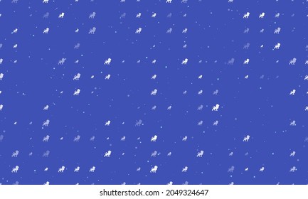 Seamless background pattern of evenly spaced white lion symbols of different sizes and opacity. Vector illustration on indigo background with stars