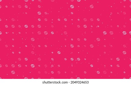 Seamless background pattern of evenly spaced white cancer zodiac symbols of different sizes and opacity. Vector illustration on pink background with stars
