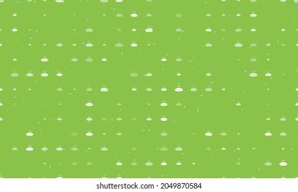 Seamless background pattern of evenly spaced white hot pie symbols of different sizes and opacity. Vector illustration on light green background with stars