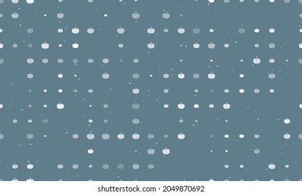 Seamless background pattern of evenly spaced white pumpkin symbols of different sizes and opacity. Vector illustration on blue gray background with stars