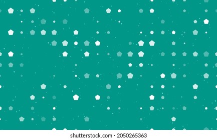 Seamless background pattern of evenly spaced white pentagon symbols of different sizes and opacity. Vector illustration on teal background with stars