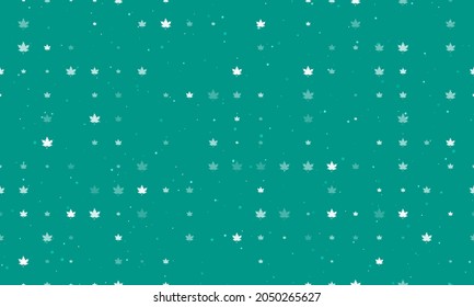 Seamless background pattern of evenly spaced white maple leafs of different sizes and opacity. Vector illustration on teal background with stars