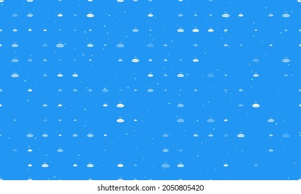Seamless background pattern of evenly spaced white hot pie symbols of different sizes and opacity. Vector illustration on blue background with stars