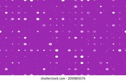 Seamless background pattern of evenly spaced white pumpkin symbols of different sizes and opacity. Vector illustration on purple background with stars