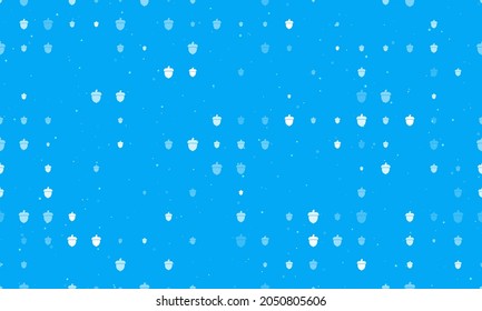 Seamless background pattern of evenly spaced white acorn symbols of different sizes and opacity. Vector illustration on light blue background with stars