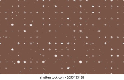 Nahtlose Hintergrundmuster mit gleichmäßig verteilten weißen Ahornblättern unterschiedlicher Größe und Deckkraft. Vektorgrafik auf braunem Hintergrund mit Sternen