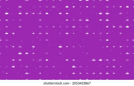 Seamless background pattern of evenly spaced white hot pie symbols of different sizes and opacity. Vector illustration on purple background with stars