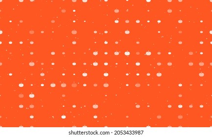 Seamless background pattern of evenly spaced white pumpkin symbols of different sizes and opacity. Vector illustration on deep orange background with stars