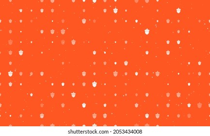 Seamless background pattern of evenly spaced white acorn symbols of different sizes and opacity. Vector illustration on deep orange background with stars