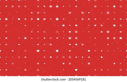 Seamless background pattern of evenly spaced white maple leafs of different sizes and opacity. Vector illustration on red background with stars