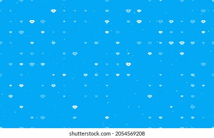 Patrón de fondo sin brillo de los símbolos de labios blancos espaciados uniformemente de diferentes tamaños y opacidad. Ilustración vectorial sobre fondo azul claro con estrellas