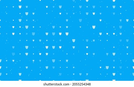 Seamless background pattern of evenly spaced white theatrical masks of different sizes and opacity. Vector illustration on light blue background with stars