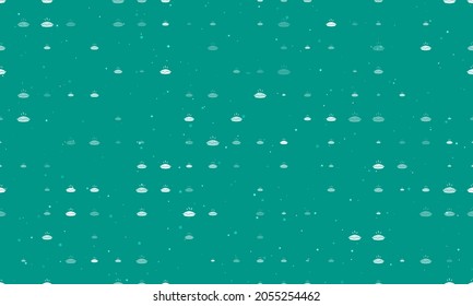 Seamless background pattern of evenly spaced white hot pie symbols of different sizes and opacity. Vector illustration on teal background with stars