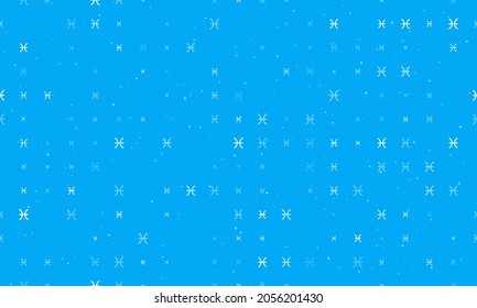Seamless background pattern of evenly spaced white zodiac pisces symbols of different sizes and opacity. Vector illustration on light blue background with stars