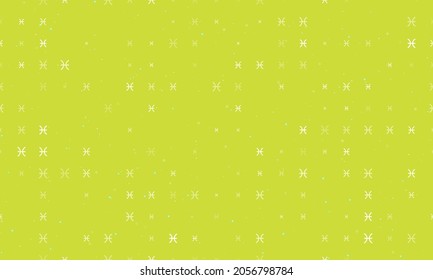 Seamless background pattern of evenly spaced white zodiac pisces symbols of different sizes and opacity. Vector illustration on lime background with stars