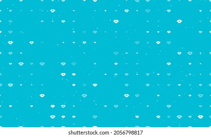 Patrón de fondo sin brillo de los símbolos de labios blancos espaciados uniformemente de diferentes tamaños y opacidad. Ilustración vectorial sobre fondo cian con estrellas