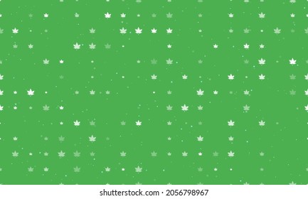 Seamless background pattern of evenly spaced white maple leafs of different sizes and opacity. Vector illustration on green background with stars