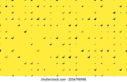 Seamless background pattern of evenly spaced black goose symbols of different sizes and opacity. Vector illustration on yellow background with stars