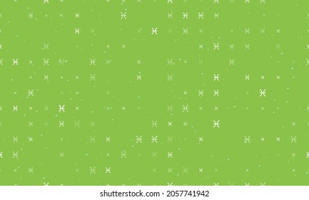 Seamless background pattern of evenly spaced white zodiac pisces symbols of different sizes and opacity. Vector illustration on light green background with stars