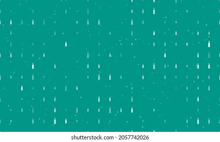 Seamless background pattern of evenly spaced white beer bottle symbols of different sizes and opacity. Vector illustration on teal background with stars