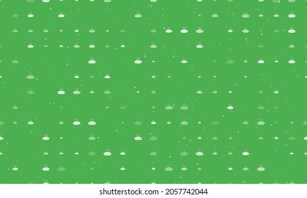 Seamless background pattern of evenly spaced white hot pie symbols of different sizes and opacity. Vector illustration on green background with stars