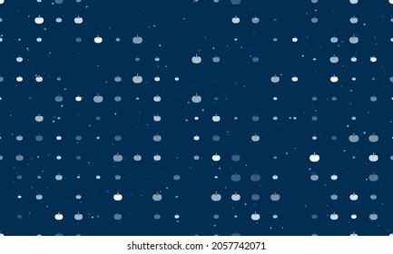 Seamless background pattern of evenly spaced white pumpkin symbols of different sizes and opacity. Vector illustration on dark blue background with stars