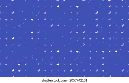 Seamless background pattern of evenly spaced white goose symbols of different sizes and opacity. Vector illustration on indigo background with stars