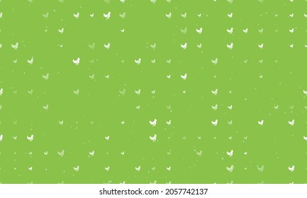 Seamless background pattern of evenly spaced white chicken symbols of different sizes and opacity. Vector illustration on light green background with stars