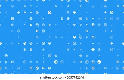 Seamless background pattern of evenly spaced white replay media symbols of different sizes and opacity. Vector illustration on blue background with stars
