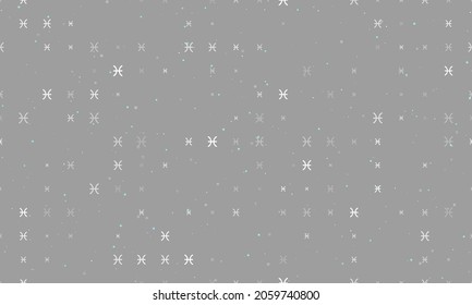 Seamless background pattern of evenly spaced white zodiac pisces symbols of different sizes and opacity. Vector illustration on grey background with stars