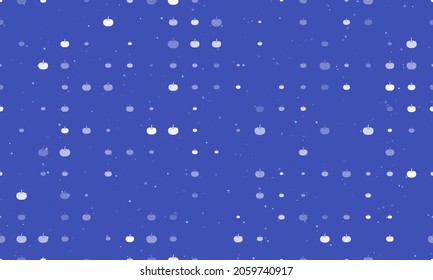 Seamless background pattern of evenly spaced white pumpkin symbols of different sizes and opacity. Vector illustration on indigo background with stars