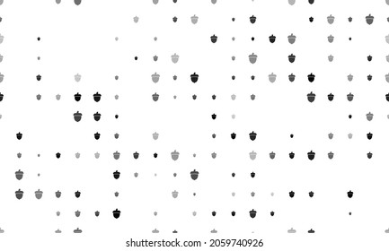 Seamless background pattern of evenly spaced black acorn symbols of different sizes and opacity. Vector illustration on white background